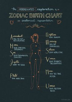 an illustrated diagram of the zodiac birth chart on a blackboard with gold lettering and symbols