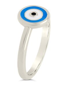 Add a touch of elegance to your style with our Sibyl Ring. Crafted with intricate blue enamel and adorned with the protective evil eye, this ring is a must-have for those seeking both beauty and protection. Embrace its sophisticated charm and elevate your look. Materials: 14K gold or rhodium plated brass, enamel Features: 2mm band, 0.35" signet, Lead & Nickel free Blue Evil Eye Ring Jewelry, Blue Spiritual Ring With Evil Eye, Spiritual Blue Ring With Evil Eye Detail, Spiritual Blue Rings With Evil Eye Detail, Spiritual Blue Evil Eye Ring, White Evil Eye Ring Jewelry, Blue Evil Eye Round Ring, White Evil Eye Ring, Symbolic Blue Round Rings