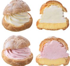 four different types of breads with frosting on them