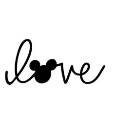 the word love with mickey mouse's head drawn in black on a white background