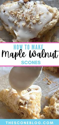 an image of homemade maple walnut scones being drizzled with icing