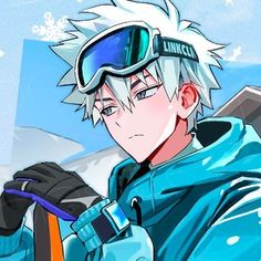 an anime character wearing ski goggles and holding a snowboard in his right hand