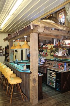 a bar with several stools in front of it