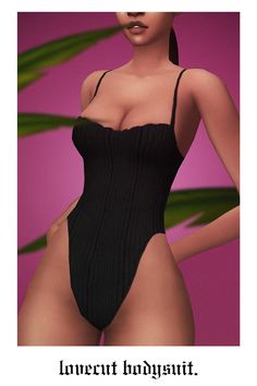 a woman in a black swimsuit with palm leaves