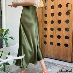 Olivia Mark - Silk Satin Avocado Green Midi Skirt with Tummy Control and Smoothness Green Satin Midi Skirt, Green Satin Skirt, Green Silk Skirt, Silk Wrap Skirt, Green Midi Skirt, Chiffon Pants, Charmeuse Fabric, Plaid Pleated Skirt, Satin Midi Skirt