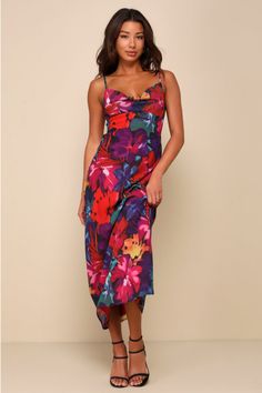 Everyone will admire your sophisticated silhouette in the Lulus Meant to Amaze Black Multi Abstract Floral Cowl Slip Maxi Dress! Lightweight woven chiffon boasts a stunning abstract floral print as it shapes adjustable spaghetti straps and a bodice with a drapy cowl neckline. Slip-style silhouette continues with a figure-skimming waist and a lightly flaring maxi skirt. Hidden zipper/clasp at back. Fit: This garment fits true to size. Length: Ankle length. Size medium measures 54.5" from adjustable straps to hem. Bust: Great for any cup size. Waist: Fitted - very fitted at natural waist. Hip: Loosely Fitted. Undergarments: May be worn with a strapless bra, adhesive bra, petals, or no bra. Fabric: Fabric has no stretch. Dress is lined, bust is unlined and semi-sheer. Shell: 100% Polyester. L Flirty Floral Print Midi Dress For Party, Elegant Multicolor Maxi Dress For Date Night, Multicolor Silk Dress For Night Out, Chic Multicolor Spaghetti Strap Midi Dress, Chic Multicolor Chiffon Midi Dress, Party Midi Dress With Spaghetti Straps In Viscose, Chic Multicolor Midi Dress For Cocktail, Chic Silk Midi Dress For Beach, Party Midi Dress With Spaghetti Straps