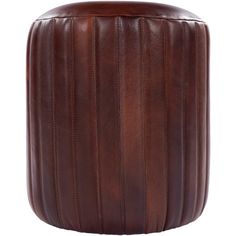 a brown leather stool with stripes on the top and bottom, in front of a white background