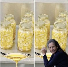 there is a woman standing in front of jars filled with food and spoons next to each other