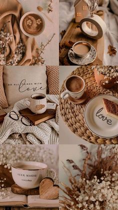 the collage shows different types of pillows and dishes with coffee cups on them, along with other decorative items