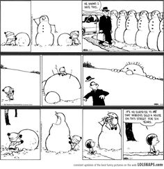 a comic strip with snowmen in the background