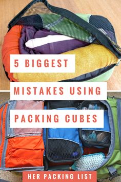 there are five bags that have been packed and the words, 5 biggest misstakes using packing cubes