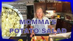 a woman standing in front of a bowl of food with the words momma's potato salad