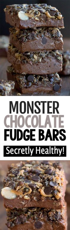 chocolate fudge bars stacked on top of each other with text overlay reading monster chocolate fudge bars