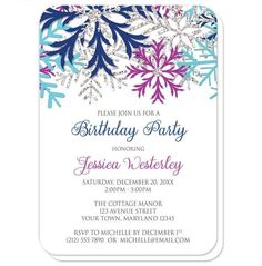 Birthday Party Invitations - Turquoise Navy Orchid Silver Snowflake Winter Birthday Party Invitations, Snowflake Wedding Theme, Snowflake Birthday Party, Winter Bridal Shower Invitations, Reception Only Invitations, Snowflake Wedding, Winter Birthday Parties, Silver Color Scheme, Snowflake Baby Shower