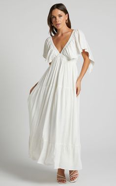 Lyrad Midi Dress - Linen Look Empire Waist Textured Dress in White Chic Empire Waist Dress With Ruffles, Elegant A-line Maxi Dress In Rayon, Flowy A-line Dress For Brunch, Flowy A-line Brunch Dress, Flowy Summer Dresses For Brunch, Flowy Summer Brunch Dress, Elegant Maxi Beach Dress For Spring, A-line Rayon Dress For Vacation, Elegant Spring Maxi Beach Dress