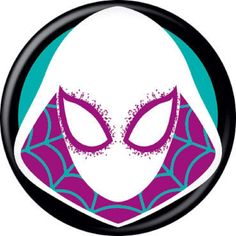 a purple and blue spiderman face on a white background with black circles around it