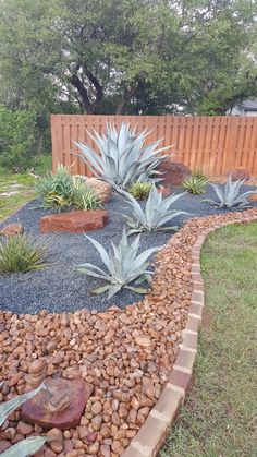 an outdoor garden with rocks and plants in the center, along side a wooden fence