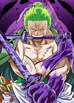 an anime character with green hair holding two swords