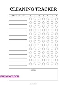 the cleaning tracker sheet is shown in black and white, with dots on each side