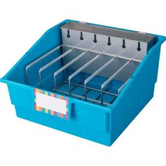 a blue plastic box with two dividers on the bottom and three hooks in the middle