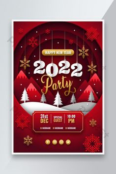 a red and gold new year party flyer with snowflakes, trees and mountains