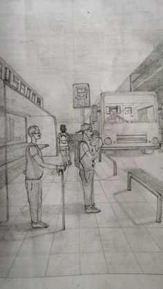 a drawing of two men waiting at a train station for the subway to come in