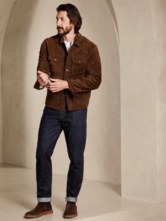 Suede Trucker Jacket | Banana Republic Brown Jacket Outfit Men, Brown Jacket Outfit, Suede Trucker Jacket, Suede Jacket Outfit, Trucker Jacket Men, Mens Business Casual Outfits, American Workwear, Fall Outfits Men, Mens Casual Dress Outfits