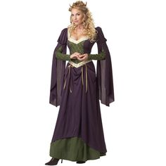 This gown is fit for a majestic Medieval lady! The beautiful split sleeves and faux underskirt perfectly imitate the luxurious layered clothing of Medieval royalty! It's perfect for your next Renaissance faire! Size: x-large. Gender: 3550Women. Age Group: adult. Medieval Queen Dress, Gaun Abad Pertengahan, Medieval Princess, Steampunk Ideas, California Costumes, Diy Kostüm, Court Dresses, Lady In Waiting, Queen Costume