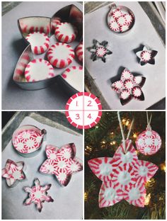 the collage shows different christmas ornaments made from candy canes and paper mache