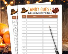 a printable candy guess game with pumpkins on the table and lights in the background