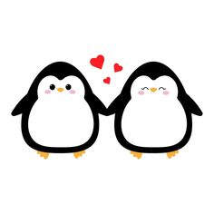 two penguins facing each other with hearts flying above them