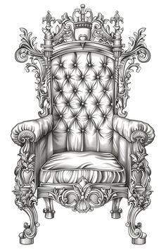 a drawing of a chair with an ornate back and seat, in black and white