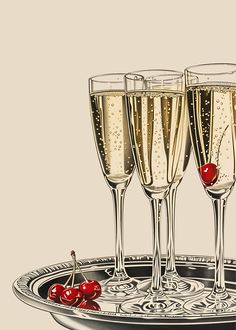 three glasses of champagne on a tray with cherries