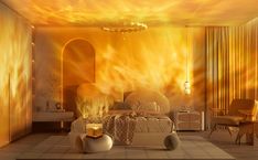 a bedroom with a fire effect painted on the wall and furniture in the foreground