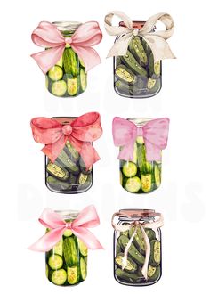 four jars filled with cucumbers and ribbons