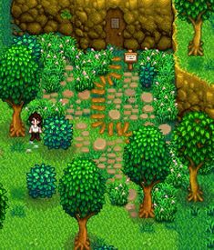 an animal crossing game with trees and bushes