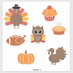 an image of thanksgiving stickers with turkeys and cupcakes on white background