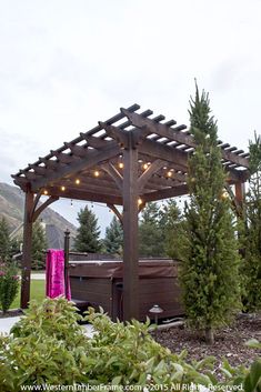 an outdoor hot tub surrounded by trees and bushes with lights on the roof above it