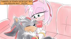 a drawing of sonic the hedgehog hugging an angry cat in front of a pink couch