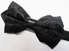 "Beautiful pre-tied and adjustable double tiered banded bow tie. Will adjust from 13\" through 20\" neck. Bow dimensions 2.5\" x 4.5\".   Always made by hand and to your special order. Weddings and groups are welcome." Adjustable Pre-tied Decorative Bow, Adjustable Black Bow For Black Tie Events, Adjustable Black Bow With Ties, Adjustable Black Bow Tie, Adjustable Detachable Bow Tie, Adjustable Bow Tie For Black-tie Events, Adjustable Black Tie Bow With Decorative Details, Adjustable Black Tie With Butterfly Knot, Adjustable Black Tie Bow With Ties