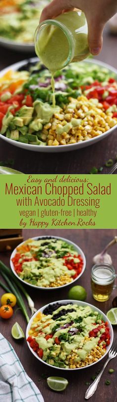 mexican chopped salad with avocado dressing being drizzled over the top