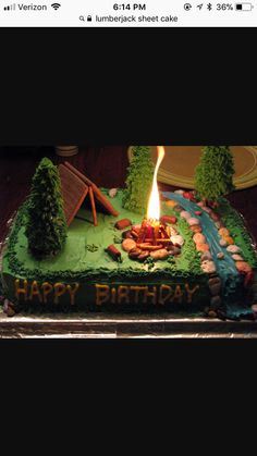 a birthday cake that is shaped like a campfire