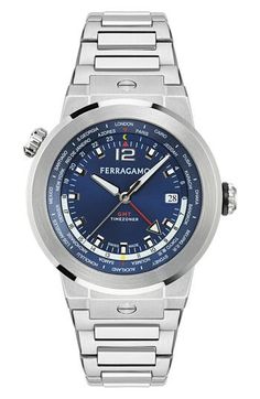 Whether actually jet-setting or armchair traveling, this GMT watch always displays the time where you are and where you are going, have been or simply want to be via the arrow-capped red fourth hand. A readable blue sunray dial is framed by a ruggedly refined brushed stainless steel case. 43mm case; 16.5mm band width Deployant clasp closure Four-hand Swiss quartz movement. Quartz movement: powered by a battery and features an internal electrical circuit to control the rate of the watch's ticking Modern Travel Watches With Analog Display, Modern Analog Display Watches For Travel, Modern Analog Travel Watch, Travel Chronograph Watch With Subdials, Travel Chronograph Watch With Tachymeter And Round Dial, Travel Chronograph Watch With Tachymeter, Luxury Travel Watch With Analog Display, Watches With Subdials And Round Dial, Travel Watches With Subdials