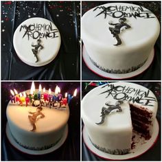 four different pictures of a cake with candles in it and the words michael kornee on top