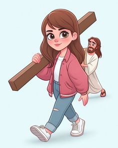 a girl carrying a large wooden cross on her back while walking with jesus in the background