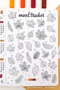 Bullet journal mood tracker page with different fall leaves. Fall Leaves Bullet Journal, Leaves Mood Tracker, Bujo Leaves Theme, October Bujo Theme Ideas, Fall Bujo Ideas, Autumn Bujo Ideas, Oct Bullet Journal, Autumn Bullet Journal Ideas, Fall Mood Tracker Bullet Journal