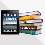 an ipad next to a stack of books with the text tablets versus textbooks on it