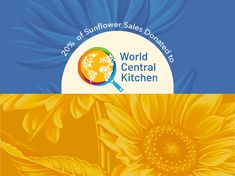 the logo for world central kitchen is shown in front of sunflowers and blue sky