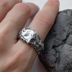 Project50g | Maker's mark ring- unusual ring for men with a unique texture of molten silver and stone – project50g Silver Brutalist Hammered Ring, Brutalist Hammered Silver Ring, Bottle Of Whiskey, Product Card, Molten Metal, Font Examples, Good Whiskey, Unusual Rings, Large Stone