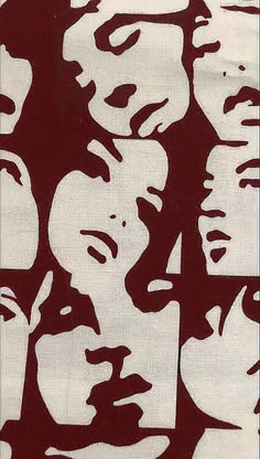 a group of people with their faces drawn in black and white on a red background